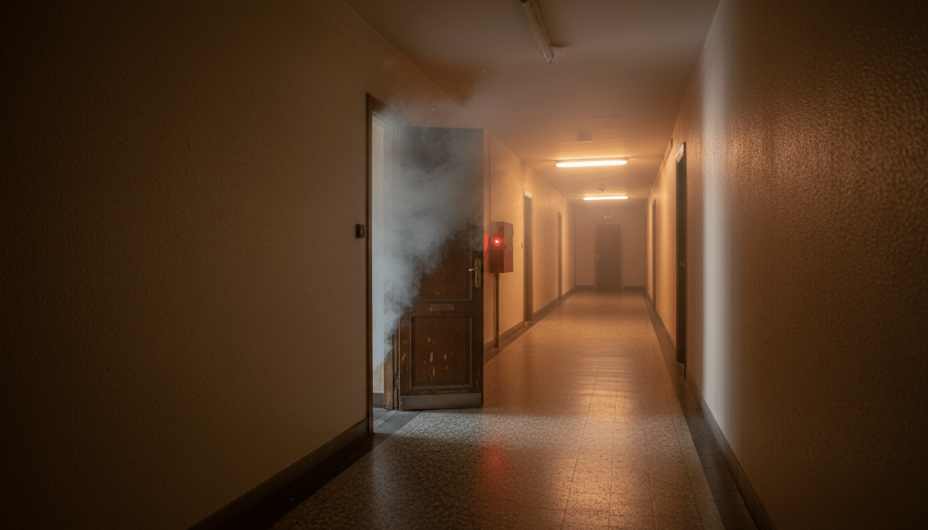 Fumée s'échappant sous une porte d'appartement la nuit